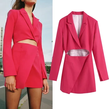 TRAF Za Ružičasto-crvenu haljinu s urezima Za žene, mini-blazer, ženske haljine Jesen 2021, Uredski elegantne kratke večernje haljine dugih rukava