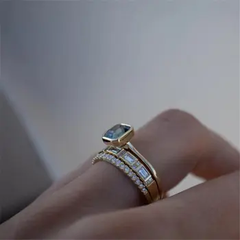 3 kom. Kiseline je Kristalno plavim Prsten za žene Moda Boje žutog zlata Vjenčanje donje prsten Elitni brand Nakit Darove Pribor