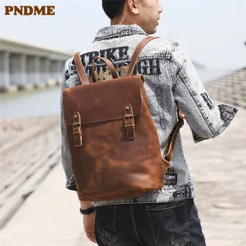 PNDME starinski ruksak iz kravlja koža crazy horse za muškarce je jednostavan kvalitetan ruksak od prave kože za žene za putovanja na otvorenom torba za laptop