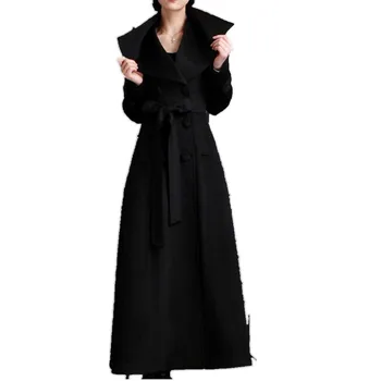 X-duga crna двубортное vune kaput za žene s većim lapels zimska moda kaput od vune miješa s pojasom plus veličina 3XL