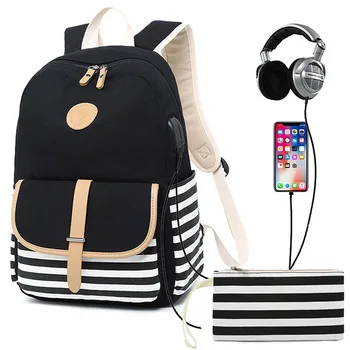 Ženski ruksak s USB punjenja za laptop ruksak za djevojaka školski ruksak Modni prugasta ženski platnu putne naprtnjače