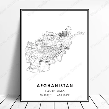 Karta Južne Azije Moderni Crno-Bijeli Afganistan Karte gradova Slike na platnu, Tisak plakata i Zidnih Umjetničke slike Kućni dekor