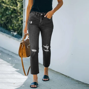 2022 Trend ženske traperice poderane plave Modni Uličnu odjeću s visokim strukom Protežu Slim Fit Svakodnevne Berba hlače-olovka