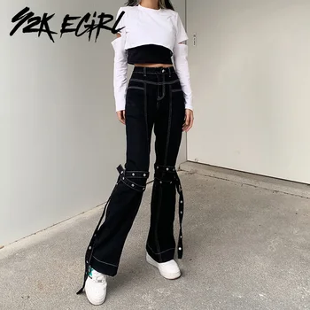 Y2K EGIRL Mall Gothic Y2K Traper spaljene hlače s visokim strukom E-girl punk čipka-up Black jeans Vintage ulični odjeća Alt Hlače Tanak