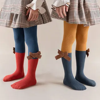 Hulahopke s lukom za djevojčice Jesen zima Pleteni tajice u patchwork stilu za djecu Nove primici Dječji duge čarape