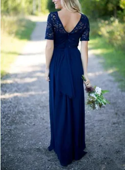 2019 Country djeveruša Haljina Hot Duge za Vjenčanja Tamno plava šifona s kratkim rukavima Iluzija Čipke, perli Haljina čast sobarica