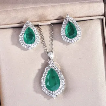 Luksuzni Kapi vode Laboratorijske Smaragd Komplet nakita od 925 sterling srebra Večernje Vjenčanje Naušnice Ogrlice za žene Vjenčanje Vintage nakit