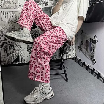 Klasicni Hlače Харадзюку Ženski roza Široke hlače s леопардовым po cijeloj površini s po cijeloj površini Slobodne svakodnevne hlače i Roza Hlače u stilu Fakultet