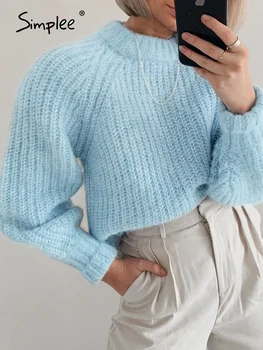 Simplee uredski dama sa dugim rukavima uski plavi jesen casual džemper za žene kratke veste i puloveri minimalistički ženski kardigan