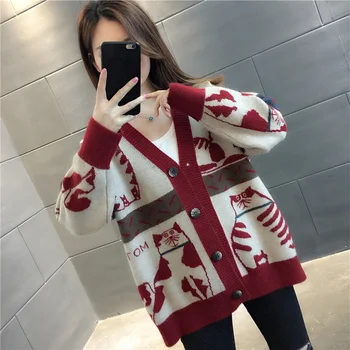 2021 jesensko-zimska moda novi ženski džemper kardigan ženski džemper dugih rukava i v-izrez s cartoonish uzorkom casual džemper