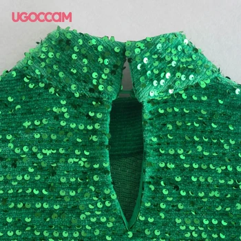 UGOCCAM 2021 Jesensko-zimska moda Svakodnevni zelena bluza sa šljokicama Majica okruglog izreza Ženske Y2K Vintage košulja, dugi rukav Elegantan