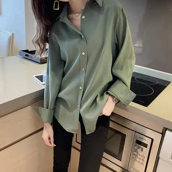 Korejski moderan Uredski dama Bijelo-zelene Košulje za žene Vintage Plus Size Bluza Vrhovima Godišnje Elegantna odjeća